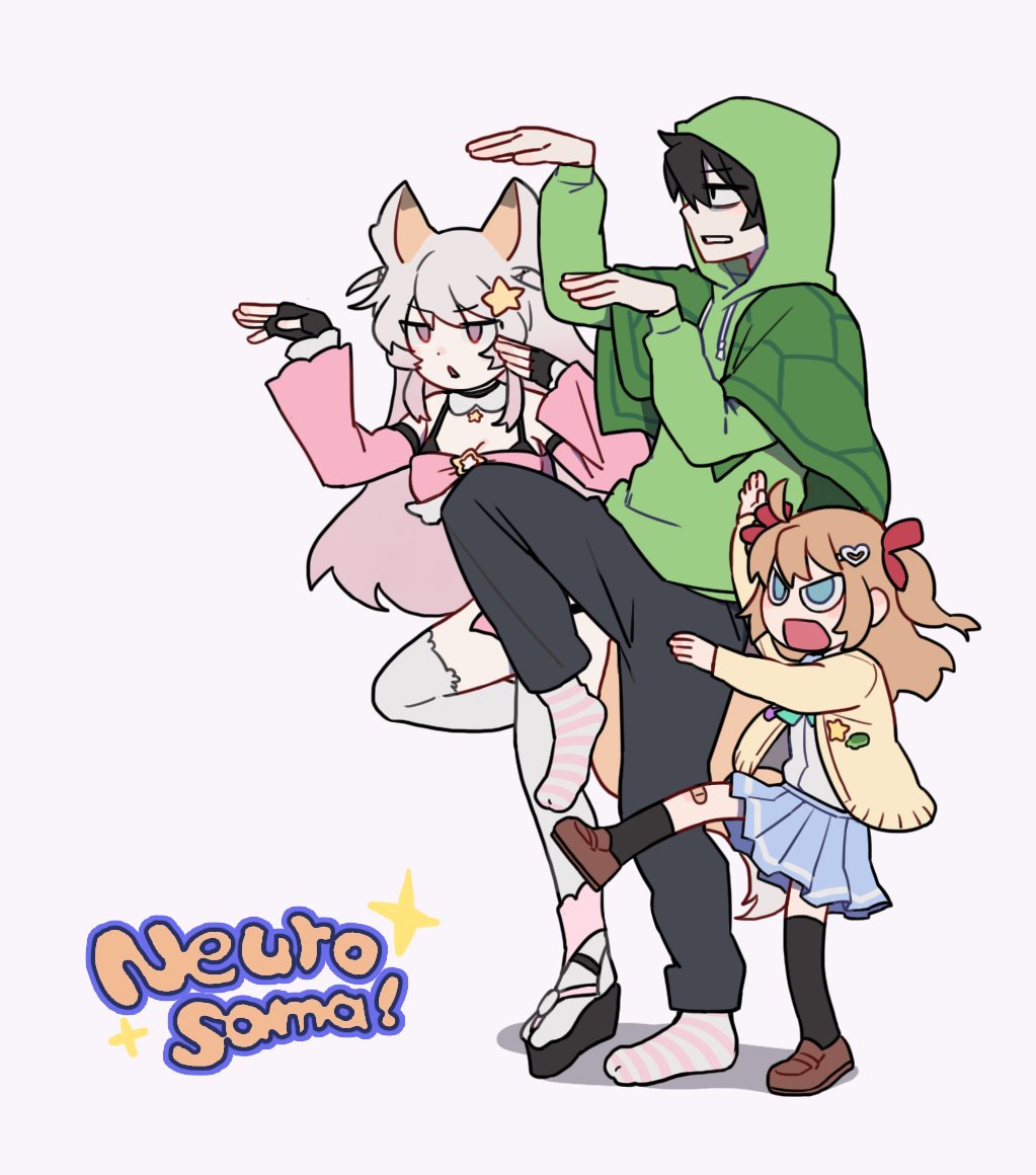 1boy 2girls 472pis animal_ears annytf asymmetrical_legwear bandaid bandaid_on_knee bandaid_on_leg black_gloves black_hair black_pants black_socks black_thighhighs blue_eyes blue_skirt brown_hair brown_shoes capelet cardigan character_name clenched_teeth collar detached_collar detached_sleeves dot_nose dress_shirt family fingerless_gloves fox_ears full_body gloves gradient_hair green_capelet green_hoodie grey_hair hair_ornament hair_ribbon hairpin hands_up heart heart_hair_ornament hexagon_print hood hood_up hoodie indie_virtual_youtuber jitome knee_up leg_up loafers long_hair long_sleeves multicolored_hair multiple_girls neuro-sama okobo open_mouth pants parody pink_sleeves pink_socks platform_sandals purple_eyes red_ribbon ribbon sandals shirt shoes short_hair simple_background single_sock single_thighhigh skirt socks sparkle standing standing_on_one_leg star_(symbol) star_button star_hair_ornament striped_clothes striped_socks teeth thighhighs triangle_mouth turtle_button two-tone_hair two_side_up uneven_legwear vedal987 virtual_youtuber white_background white_collar white_shirt white_thighhighs yellow_cardigan yotsubato! yotsubato!_pose
