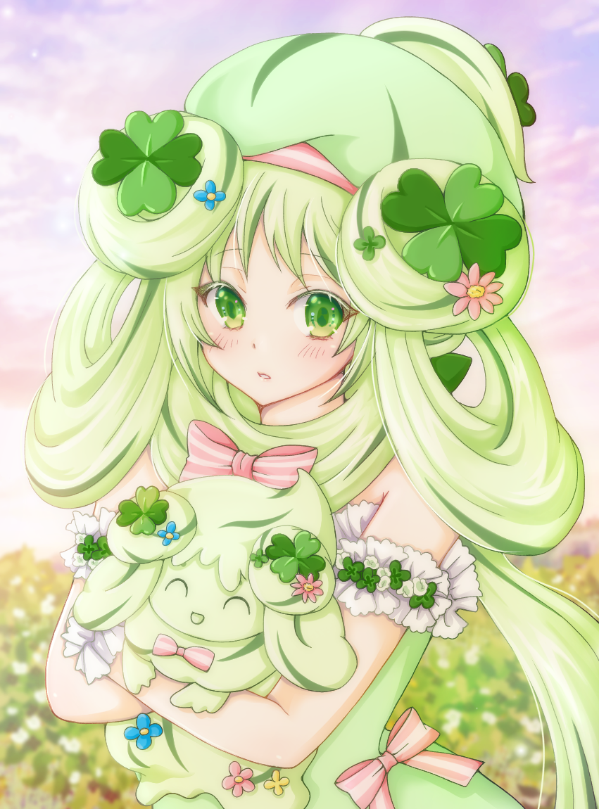 1girl :d ^_^ alcremie alcremie_(clover_sweet) alcremie_(matcha_cream) blush closed_eyes commentary_request creature_and_personification dress flower gen_8_pokemon green_dress green_eyes green_hair happy holding holding_pokemon kirin_(kanata_walk) long_hair looking_at_viewer nintendo open_mouth personification pokemon pokemon_(creature) smile very_long_hair