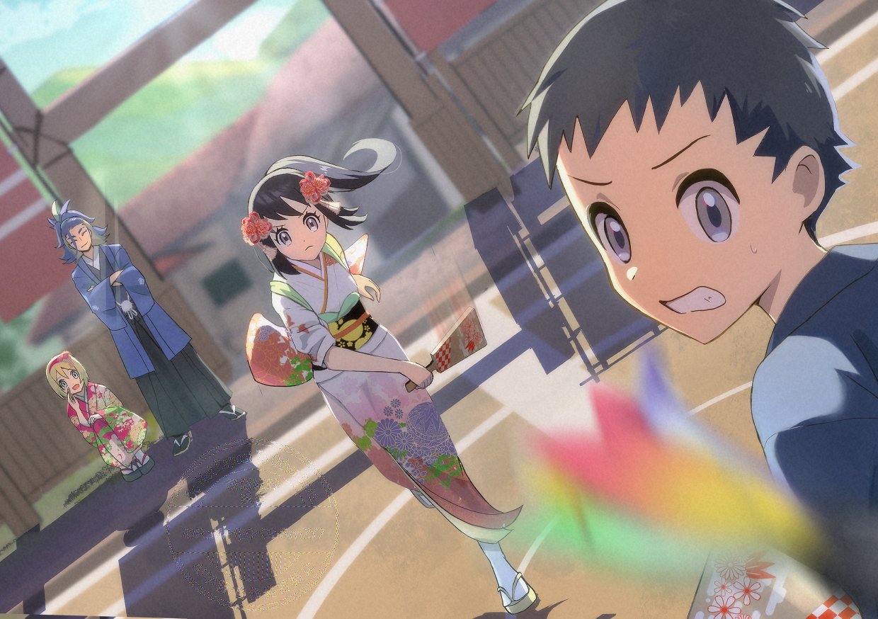 2boys 2girls adaman_(pokemon) akari_(pokemon) ako_(rawhji0rdbsmzf7) black_hair black_hakama black_socks blonde_hair blue_eyes blue_haori blue_sky closed_eyes closed_mouth creatures_(company) floral_print floral_print_kimono flower game_freak hagoita hair_flower hair_ornament hairband hakama hane_(hanetsuki) hanetsuki haori haori_himo holding holding_paddle irida_(pokemon) japanese_clothes kimono long_hair mountain multicolored_hair multiple_boys multiple_girls nintendo open_mouth outdoors paddle parted_lips pink_kimono pokemon pokemon_legends:_arceus ponytail print_kimono red_flower red_hairband red_kimono rei_(pokemon) sandals shadow sky socks tabi white_socks zouri