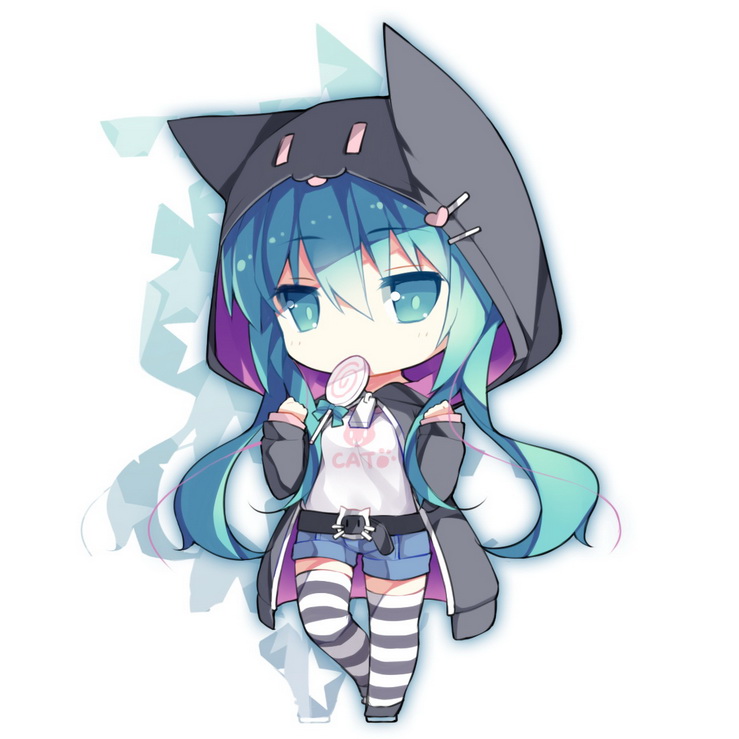 1girl animal_ears animal_hood aqua_eyes aqua_hair belt candy casual cat_ears cat_hood chibi clothes_writing english_text female_focus food full_body hair_ornament hairclip hatsune_miku hood hoodie lollipop long_hair mouth_hold open_clothes open_hoodie saru shorts socks solo striped_clothes striped_socks striped_thighhighs swirl_lollipop thighhighs twintails vocaloid
