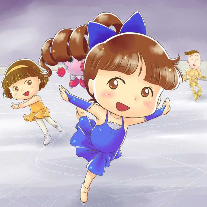 1boy 2girls blue_dress chibi_maruko-chan dress figure_skating hanawa_kazuhiko jougasaki_himeko multiple_girls orange_dress sasyama_kazuko