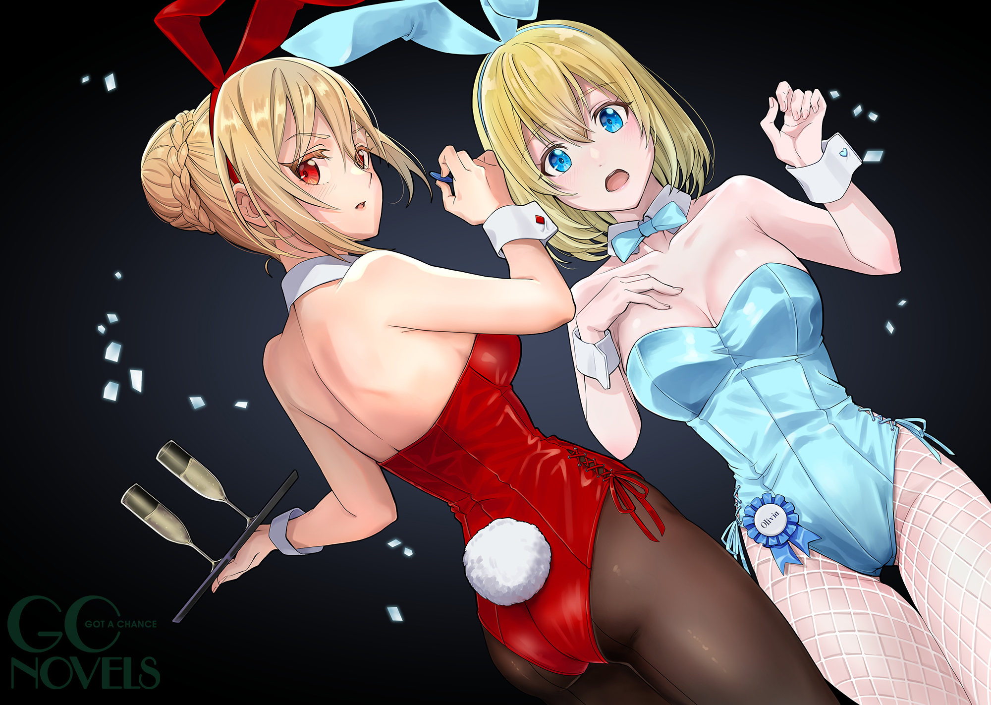 2girls angelica_rapha_redgrave animal_ears aqua_bow aqua_bowtie aqua_leotard artist_request bare_back black_background black_pantyhose blonde_hair blue_eyes bob_cut bow bowtie breasts bun_with_braided_base cleavage collar collarbone detached_collar dutch_angle fake_animal_ears fishnet_pantyhose fishnets glass gradient_background hair_bun hand_on_own_chest hand_up hands_up highres holding holding_tray leotard light_blush looking_at_viewer looking_back multiple_girls novel_illustration off-shoulder_leotard official_art olivia_(mobseka) open_mouth otome_game_sekai_wa_mob_ni_kibishii_sekai_desu pantyhose parted_lips rabbit_ears red_eyes red_leotard second-party_source side-tie_leotard single_hair_bun standing strapless strapless_leotard traditional_bowtie tray watermark white_collar white_wrist_cuffs wrist_cuffs