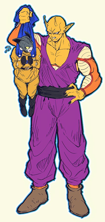 2boys black_footwear black_gloves blue_cape boots brown_footwear cape clenched_teeth colored_skin commentary_request dougi dragon_ball dragon_ball_super dragon_ball_super_super_hero flying_sweatdrops full_body gamma_2 gloves hand_on_own_hip itsuki_(nightlight) jacket male_focus multiple_boys namekian open_mouth orange_piccolo orange_skin pants piccolo pointy_ears simple_background sweat tears teeth