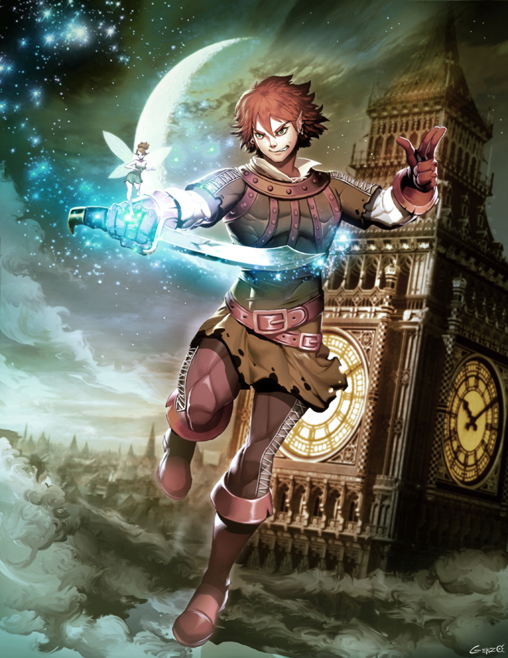 1boy black_footwear boots brown_hair bug dress fairy feathers fly fly_agaric genzoman green_dress green_eyes green_hat green_shirt green_tunic hat hat_feather holding holding_sword holding_weapon insect leaf moon mushroom peter_pan peter_pan_(character) pointy_ears red_feathers shirt short_hair size_difference sword tinker_bell_(character) tinker_bell_(disney) toon_(style) tunic walt_disney&#039;s_peter_pan watermark weapon
