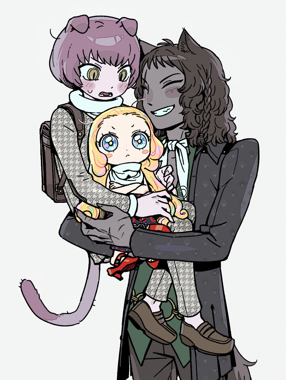 1girl 2boys animal_ears aragakiyurusan ascot backpack bag basilio_(metaphor:_refantazio) black_bag black_hair black_jacket black_pants blonde_hair blue_eyes blush_stickers brothers brown_footwear brown_hair carrying carrying_person closed_eyes closed_mouth commentary_request crossed_arms dark-skinned_male dark_skin fidelio_(metaphor:_refantazio) grey_pants grey_shirt grin highres jacket junah_(metaphor:_refantazio) korean_commentary long_hair metaphor:_refantazio multiple_boys pants shirt shoes short_hair siblings simple_background size_difference smile spoilers sweatdrop tail teeth white_ascot white_background yellow_eyes