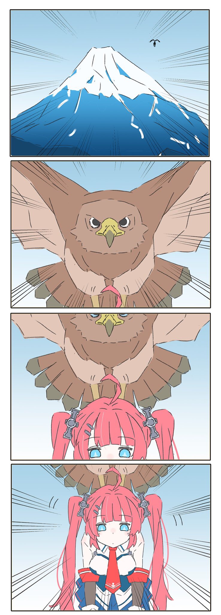 1girl 4koma ahoge anchor_symbol azur_lane bare_shoulders beak bird blue_dress blue_eyes blue_sky bu4321 carrying comic detached_sleeves dress feathered_wings feathers hair_ornament hairclip hawk highres looking_down mount_fuji necktie red_hair red_neckwear remodel_(azur_lane) san_diego_(azur_lane) san_diego_(retrofit)_(azur_lane) sky twintails wings
