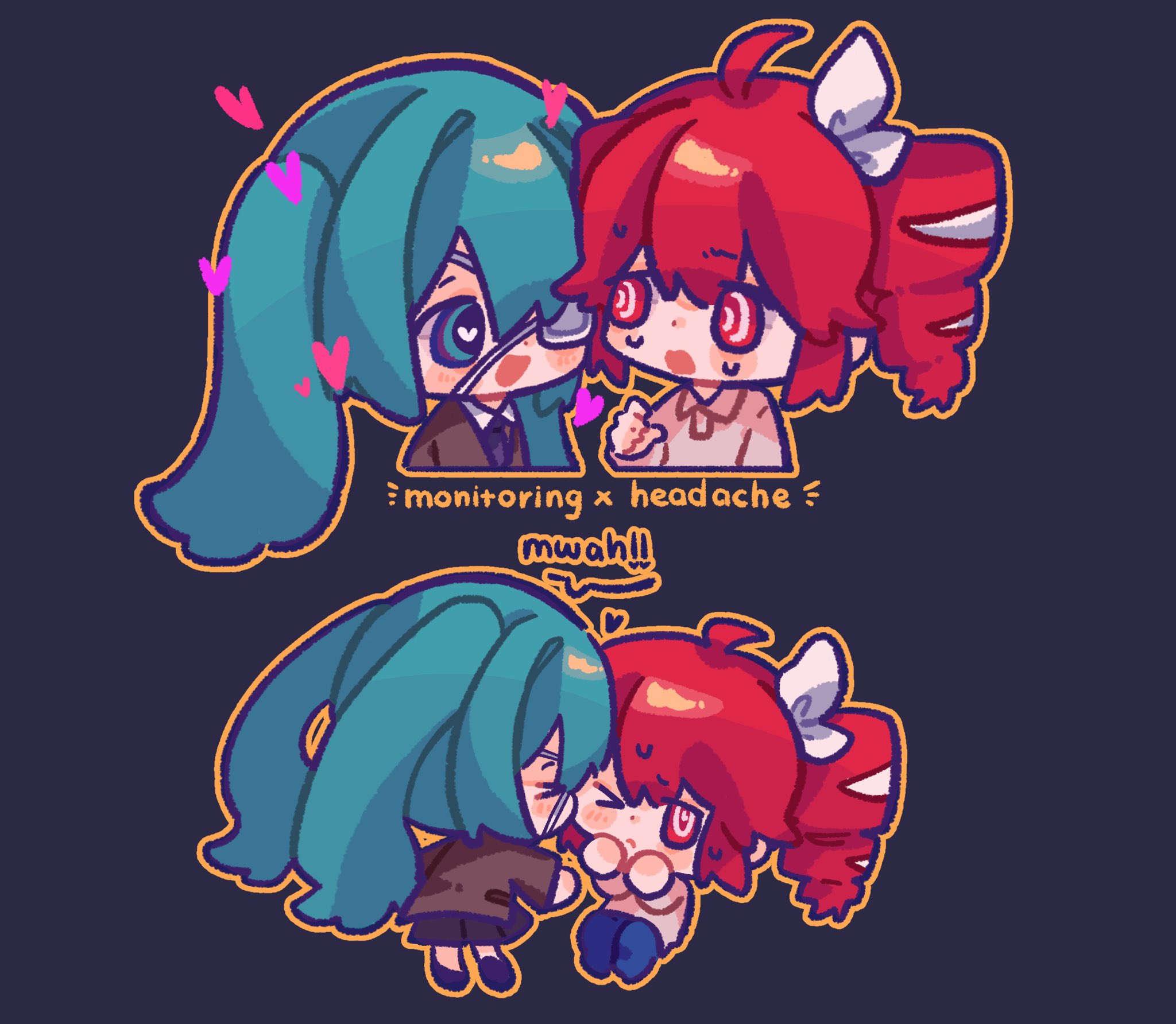 &gt;_&lt; &gt;_o 2girls ahoge aqua_hair ataman_ita_(synthesizer_v) black_background black_skirt blue_pants blush bow brown_jacket brown_shirt chibi drill_hair english_text eyepatch hair_bow hatsune_miku heart heart-shaped_pupils highres jacket kasane_teto kasane_teto_(sv) kiss kissing_cheek looking_at_another medical_eyepatch monitoring_(vocaloid) moochaakaka multiple_girls multiple_views one_eye_closed open_mouth orange_outline outline pants red_eyes ringed_eyes shirt simple_background skirt sound_effects sweatdrop symbol-shaped_pupils synthesizer_v twin_drills twintails utau vocaloid yuri