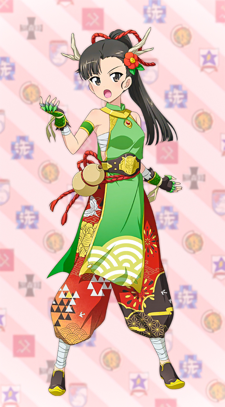 bandaged_hand bandages belt bottle chest_sarashi fighting_stance flower gauntlets girls_und_panzer girls_und_panzer_senshadou_daisakusen! hair_flower hair_ornament hair_rings highres logo monk nishi_kinuyo official_art patterned pelvic_curtain puffy_pants sake_bottle sarashi serious standing