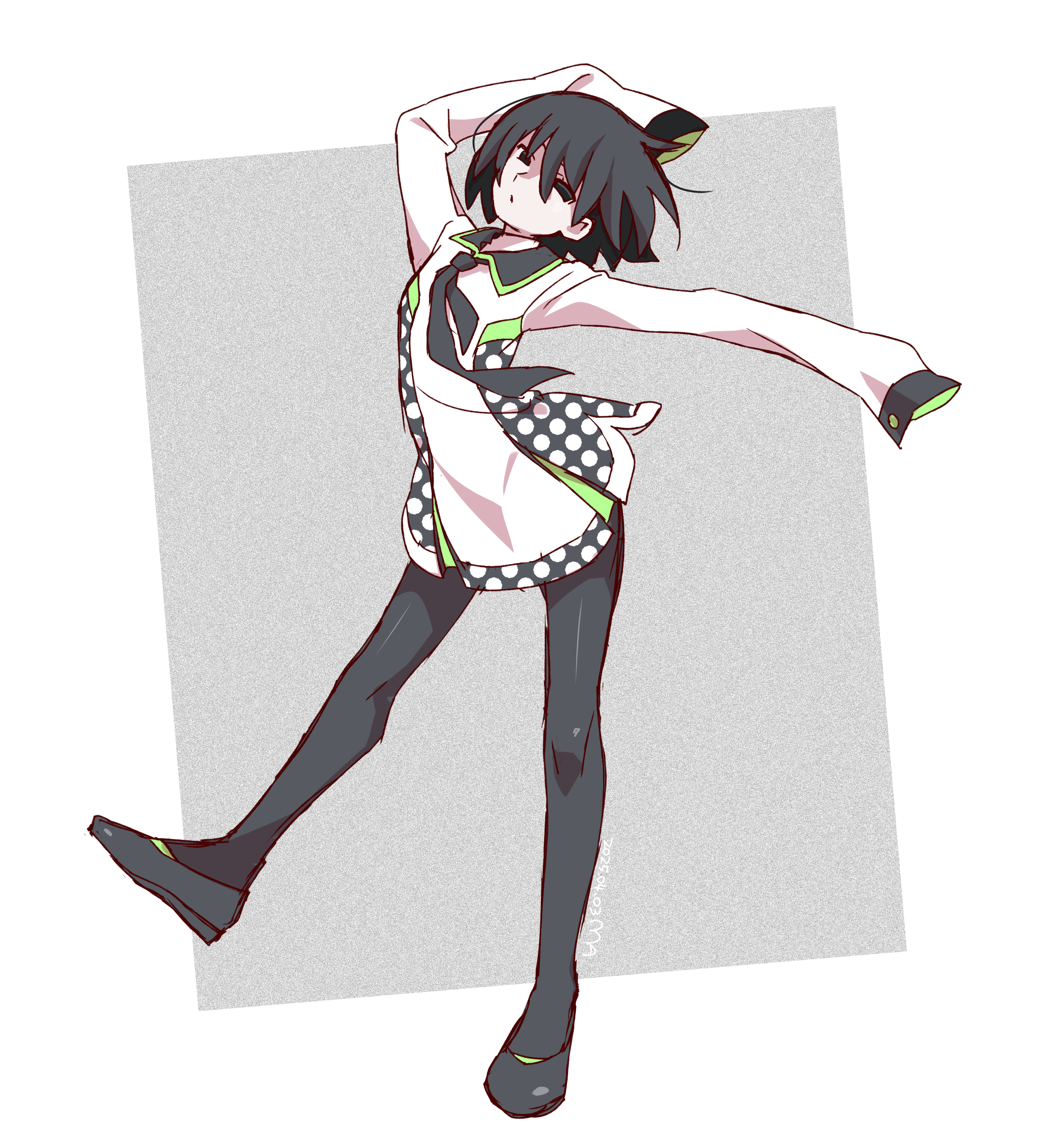1girl absurdres arms_up black_eyes black_hair black_necktie black_pantyhose black_shoes bob_cut collared_dress commentary_request dress empty_eyes grey_background hair_between_eyes highres long_sleeves looking_at_viewer manimani_(mani_ma) monogatari_(series) necktie oshino_ougi pale_skin pantyhose shoes short_hair sleeves_past_fingers sleeves_past_wrists solo standing white_dress