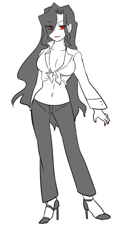 1girl akariya_kuubu black_hair black_pants breast_focus breasts cleavage collared_shirt fingernails full_body genderswap genderswap_(mtf) hair_over_one_eye high_heels large_breasts lipstick long_hair looking_at_viewer makeup melty_blood michael_roa_valdamjong midriff navel pants red_eyes red_lips red_nails sharp_fingernails shirt simple_background simple_coloring sketch sleeve_cuffs stomach tied_shirt tsukihime type-moon vampire white_shirt