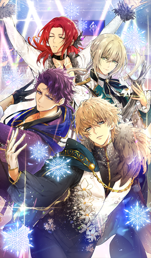 4boys arms_up bedivere_(fate) bedivere_(rounds_on_ice)_(fate) black_bow black_bowtie black_choker black_gloves black_pants blue_scarf bow bowtie cape chain chest_jewel choker closed_eyes closed_mouth collarbone colored_lapels commentary diffraction_spikes dynamic_pose fate/grand_order fate_(series) feather-trimmed_cape feather-trimmed_jacket feather_hair_ornament feathers gawain_(fate) gawain_(rounds_on_ice)_(fate) gloves gold_chain green_cape hair_ornament half_gloves high_collar ice_skating indoors jacket knights_of_the_round_table_(fate) lancelot_(fate/grand_order) lancelot_(rounds_on_ice)_(fate) long_sleeves looking_at_viewer male_focus matori_(penguin_batake) multiple_boys official_art pants parted_lips prosthesis prosthetic_arm puffy_long_sleeves puffy_sleeves purple_jacket scarf shirt skating skating_rink smile snowflakes third-party_source tristan_(fate) tristan_(rounds_on_ice)_(fate) vest waistcoat white_gloves white_jacket white_shirt white_vest