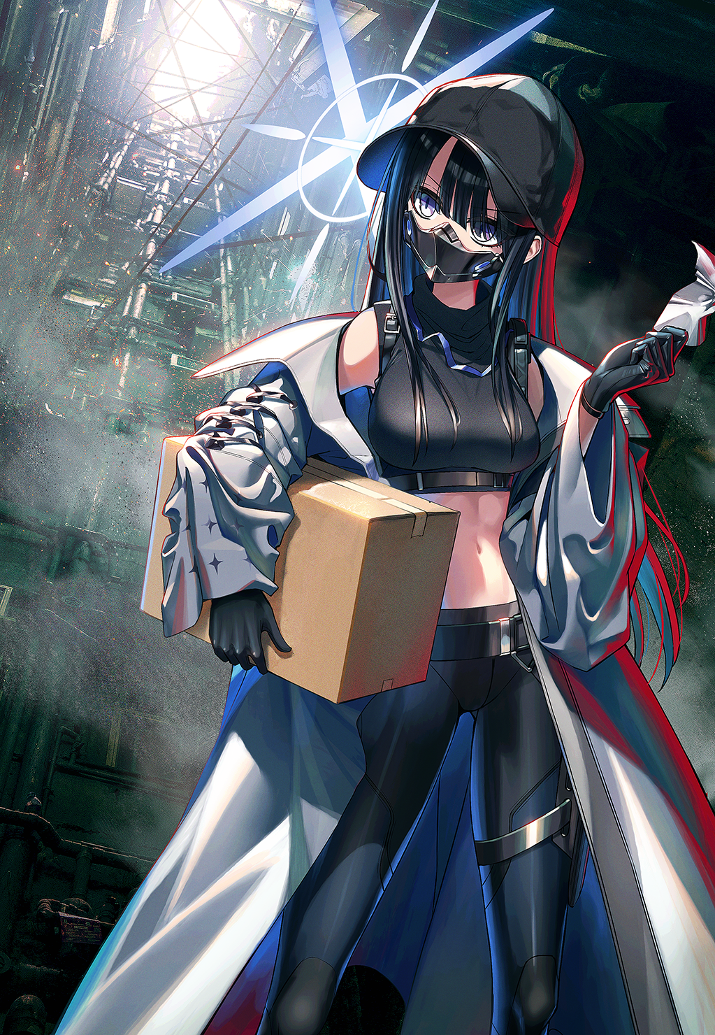 1girl bare_shoulders baseball_cap belt black_belt black_gloves black_hair black_hat black_mask black_pants black_shirt blue_archive blue_eyes box breasts chest_harness coat commentary_request cowboy_shot crop_top gloves hair_between_eyes halo harness hat highres holding holding_box holding_paper long_hair mask medium_breasts midriff miyoshi_nao_(miyoshist) mouth_mask off_shoulder pants paper saori_(blue_archive) shirt sleeveless sleeveless_shirt solo standing underbust white_coat