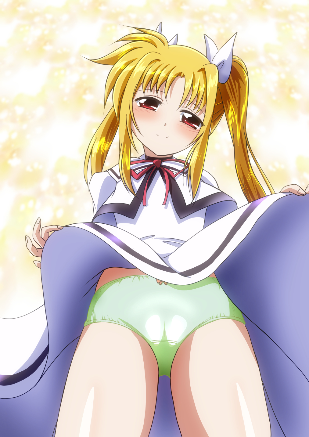 1girl blonde_hair blush cameltoe closed_mouth clothes_lift fate_testarossa from_below green_panties hair_ribbon highres kyolnov lifting_own_clothes long_hair looking_at_viewer lyrical_nanoha mahou_shoujo_lyrical_nanoha mahou_shoujo_lyrical_nanoha_a&#039;s panties red_eyes ribbon school_uniform seishou_elementary_school_uniform simple_background skirt skirt_lift smile solo twintails underwear