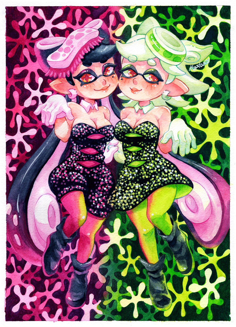 2girls bug callie_(splatoon) firefly from_below full_body highres hotaru_(htol#niq) inkling insect marie_(splatoon) multiple_girls mystar21 nintendo red_eyes splatoon_(series) splatoon_1