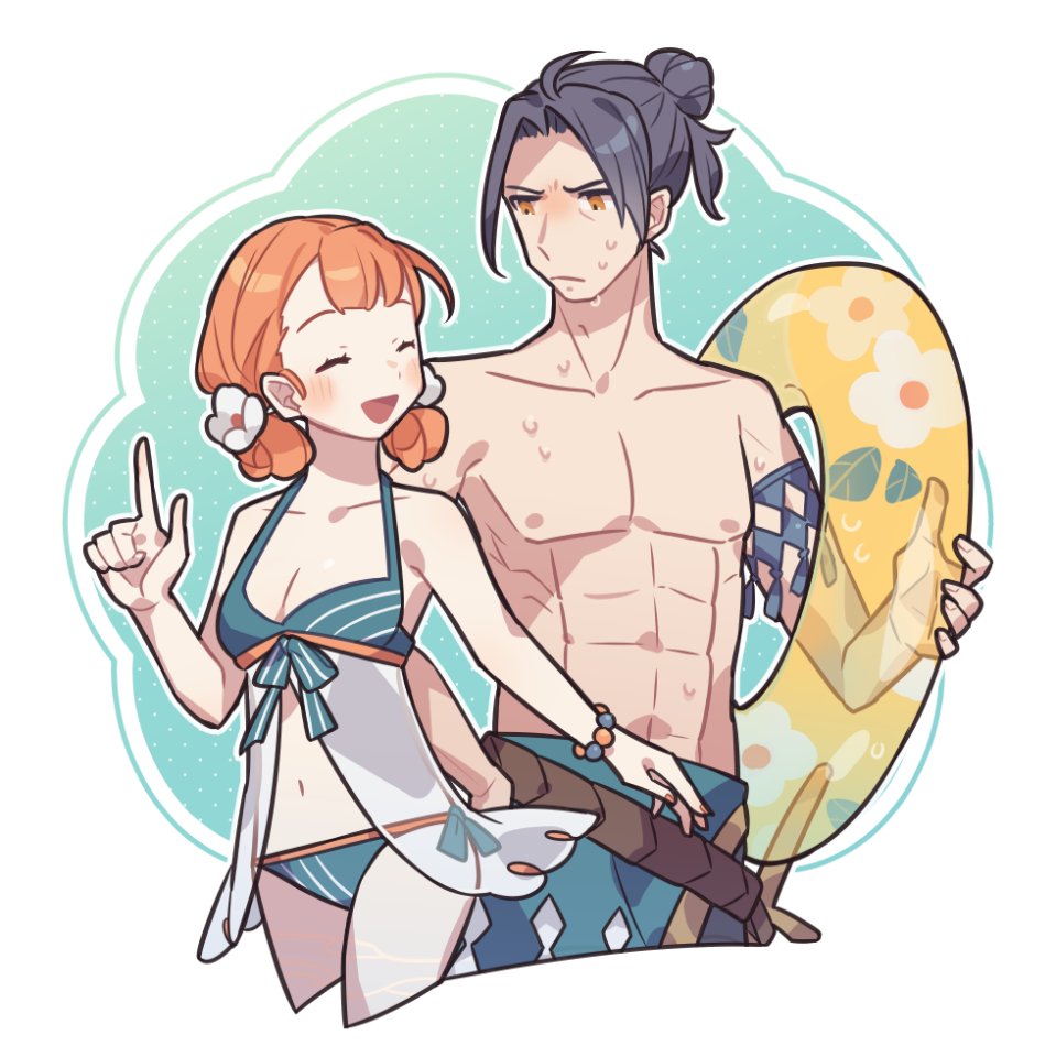 1boy 1girl :d ^_^ abs alternate_costume annette_fantine_dominic bead_bracelet beads bikini blue_bikini blue_bra blue_hair bra bracelet breasts cleavage closed_eyes collarbone commentary_request cropped_legs felix_hugo_fraldarius fire_emblem fire_emblem:_three_houses flower haconeri hair_bun hair_flower hair_ornament index_finger_raised innertube jewelry navel nintendo open_mouth orange_hair pectorals short_hair smile sweat swim_ring swimsuit underwear white_flower yellow_eyes