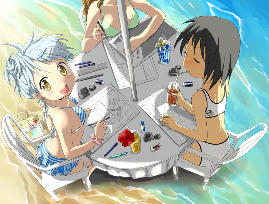 3girls bag beach bikini black_hair blue_hair blush breasts brown_hair chair comic_studio drawing drawing_equipment drink drinking_straw eraser closed_eyes hair_up horikawa_hitomi ink long_hair multiple_girls nishikawa_akino ocean official_art pen pencil sand sekai_ichiko skull_and_crossbones small_breasts swimsuit table tankini ubizo water yellow_eyes