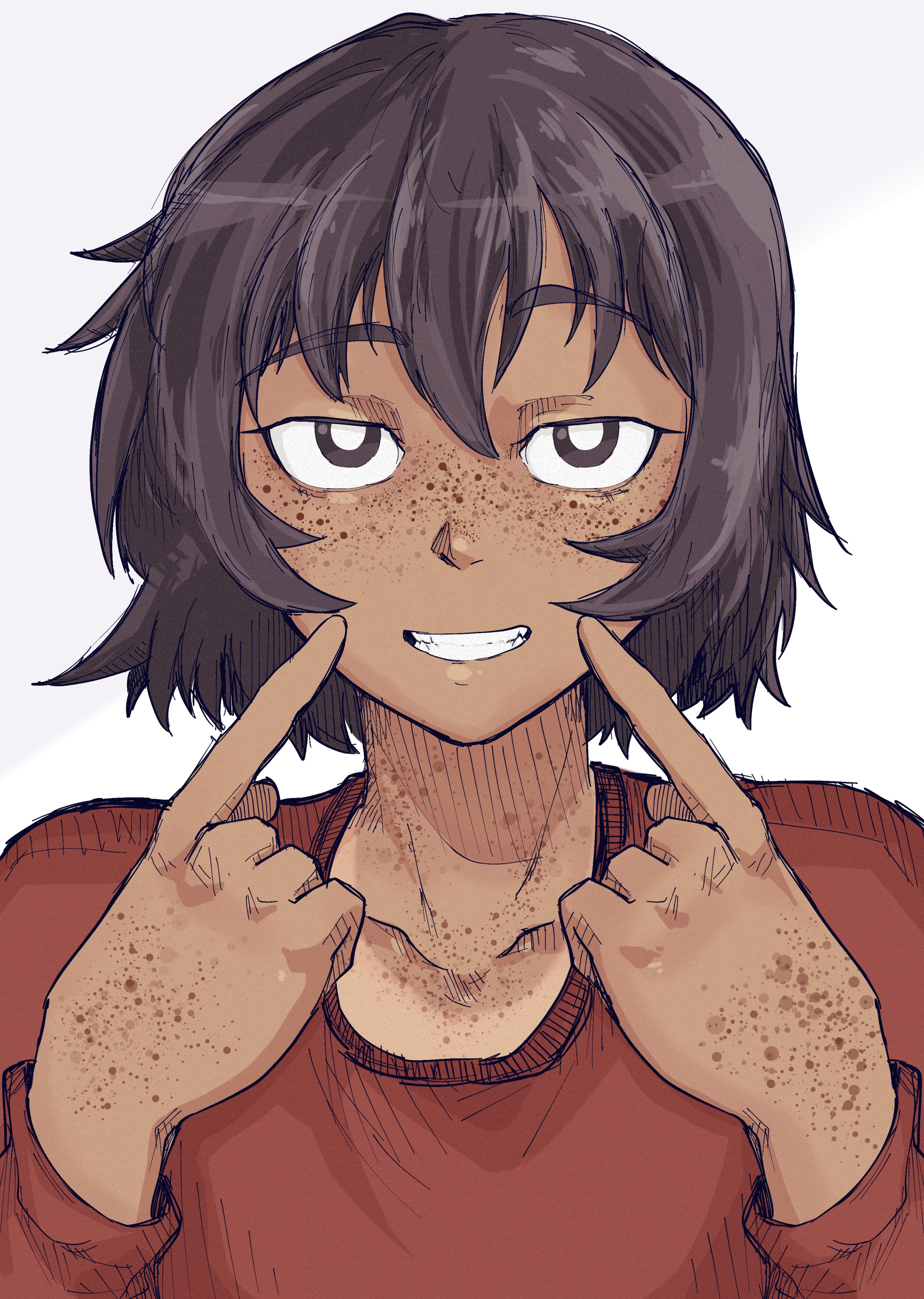 1girl absurdres ameh_li azumanga_daiou black_hair body_freckles bright_pupils brown_eyes dark-skinned_female dark_skin freckles grin highres index_fingers_raised kagura_(azumanga_daioh) looking_at_viewer red_sweater short_hair simple_background smile solo sweater teeth white_background white_pupils