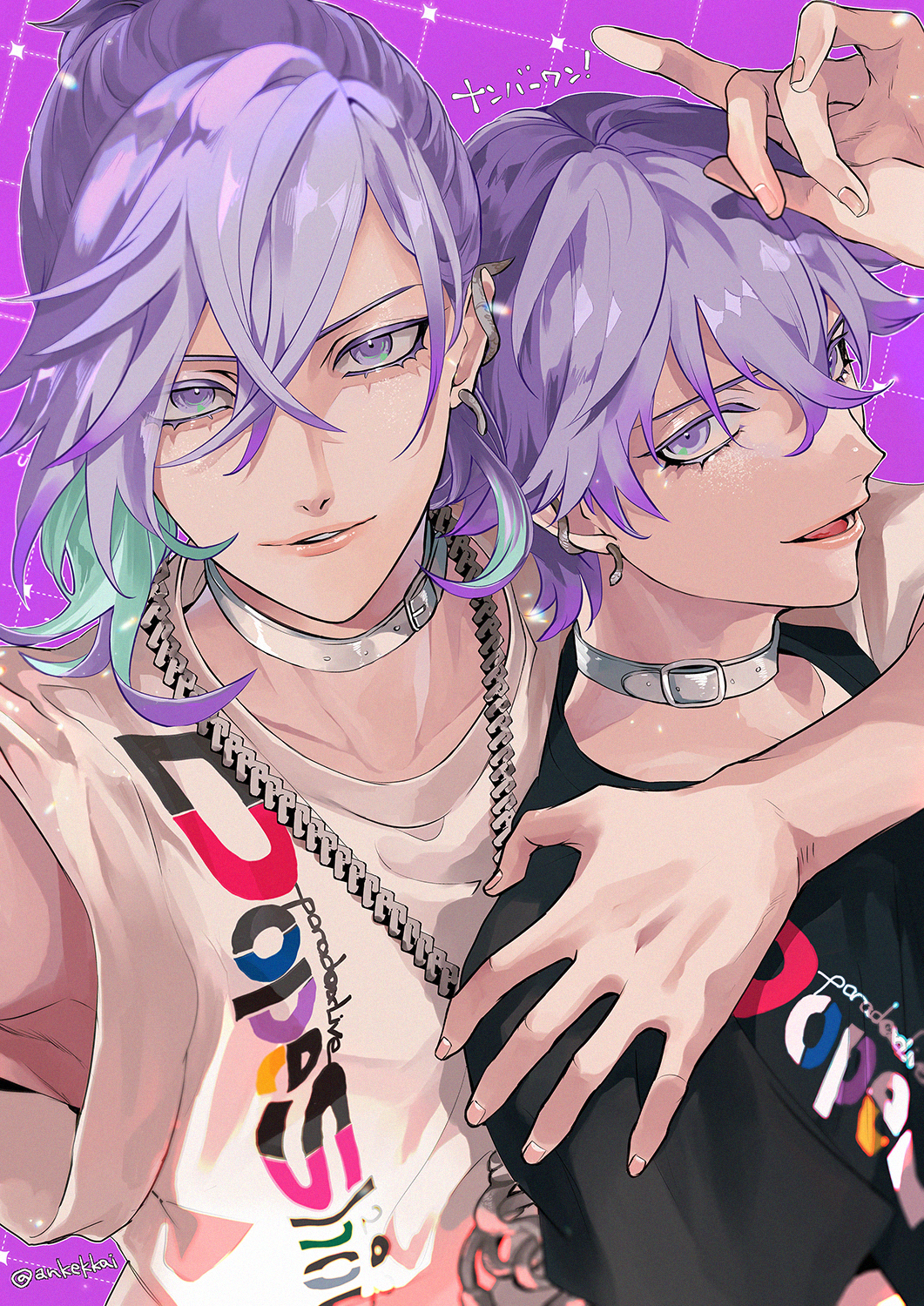 2boys ankekkai aqua_hair arm_around_shoulder black_shirt brothers chain chain_necklace choker cozmez_(paradox_live) ear_piercing earrings eyelashes hair_between_eyes hand_up highres hug hug_from_behind jewelry looking_at_viewer male_focus multicolored_hair multiple_boys necklace paradox_live parted_lips piercing purple_background purple_eyes purple_hair shirt short_hair short_sleeves siblings smile snake_earrings t-shirt upper_body white_choker white_shirt yatonokami_kanata yatonokami_nayuta
