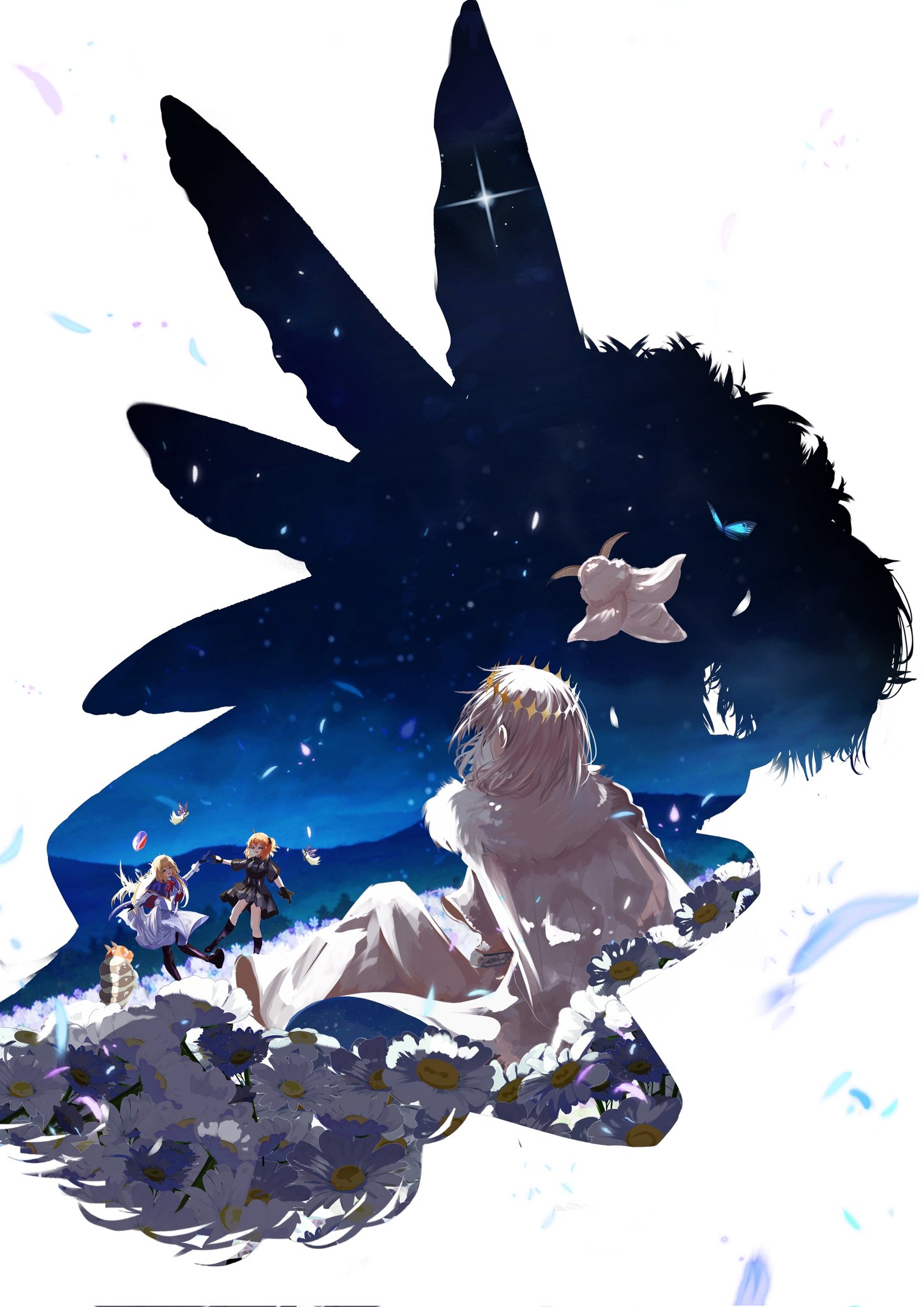 1boy 2girls antinese arthropod_boy artoria_caster_(fate) artoria_caster_(second_ascension)_(fate) artoria_pendragon_(fate) blanca_(fate) bug cape cloak diamond_hairband fate/grand_order fate_(series) field flower flower_field fujimaru_ritsuka_(female) fujimaru_ritsuka_(female)_(polar_chaldea_uniform) fur-trimmed_cape fur-trimmed_cloak fur_trim highres insect moth multiple_girls no_wings oberon_(fate) oberon_(second_ascension)_(fate) oberon_(third_ascension)_(fate) shirt white_cloak