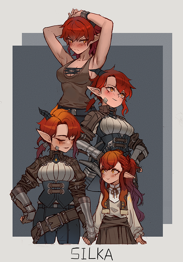 2girls armor armpits arms_up artist_name belt blush breasts closed_eyes closed_mouth dpin_(user_adhr8855) dragon_girl european_clothes fingerless_gloves gloves holding_hands horns long_hair looking_at_another looking_to_the_side medium_breasts multiple_girls original pants pointy_ears red_hair sheath sheathed siblings silka_(dpin) sisters standing sword vambraces weapon yellow_eyes