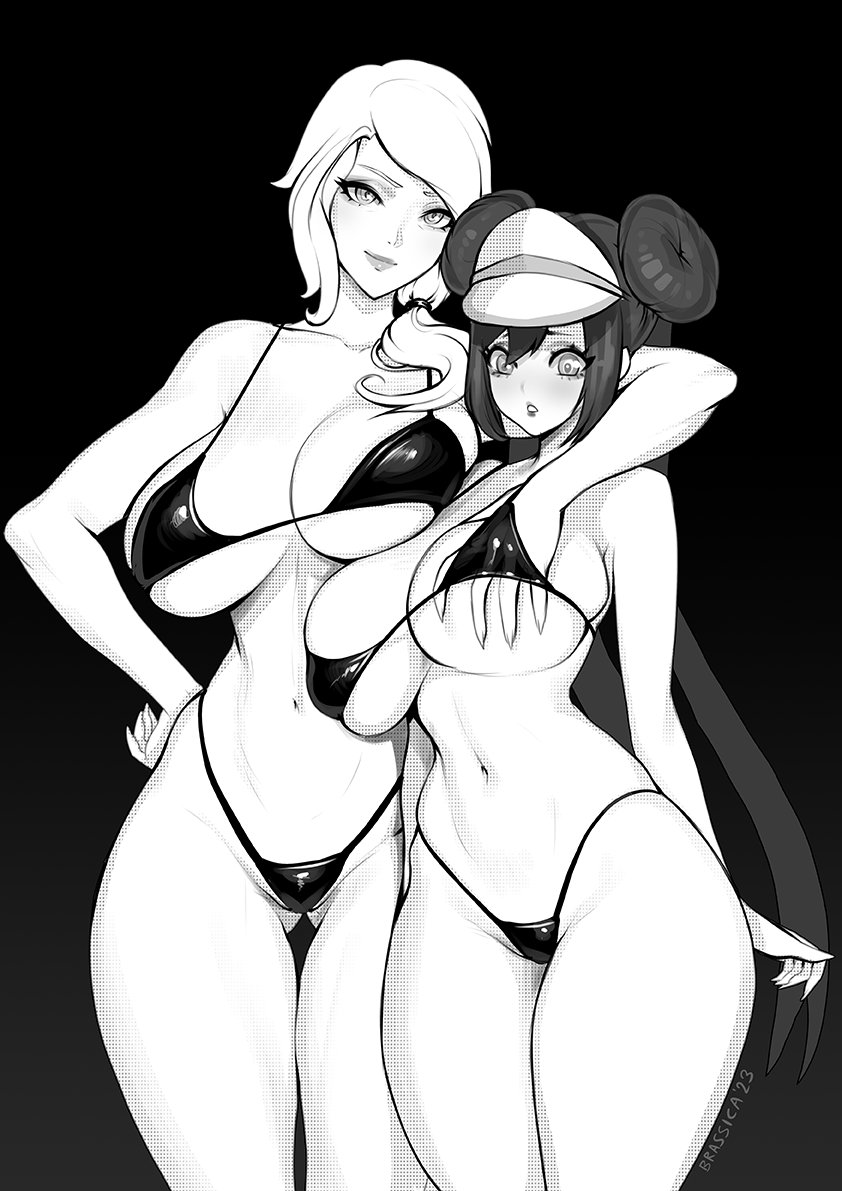2girls artist_name bikini brassica breasts collarbone commission crossover double_bun grabbed_breast_over_shoulder grabbing_another&#039;s_breast greyscale groping hair_bun hair_over_shoulder highleg highleg_bikini large_breasts long_hair monochrome multiple_girls navel nintendo pokemon pokemon_bw2 rosa_(pokemon) rwby side_ponytail swimsuit visor_cap willow_schnee