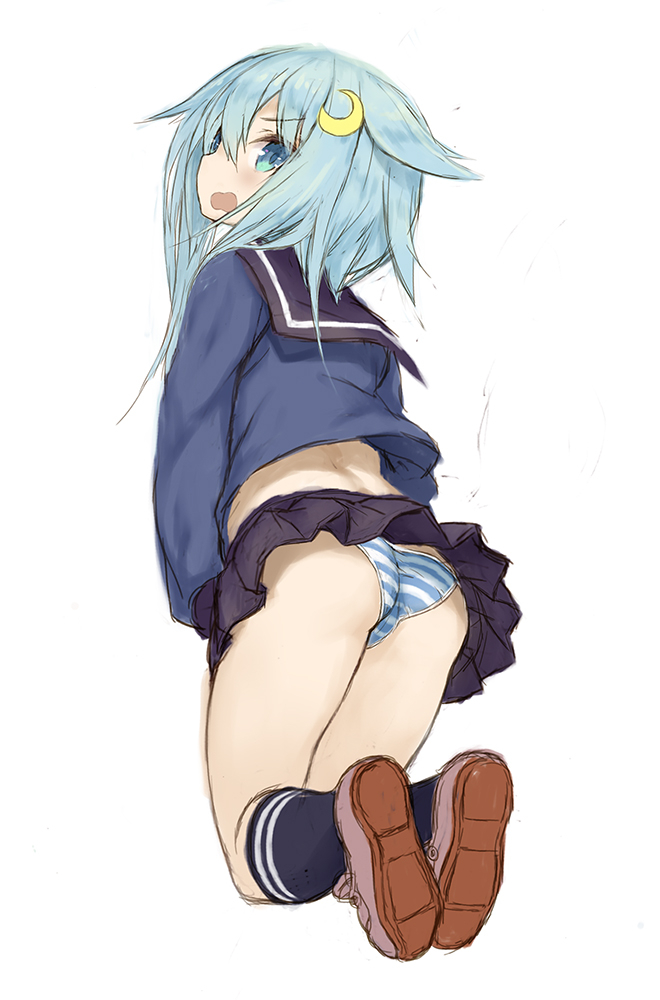 1girl azur_lane black_sailor_collar black_skirt black_socks blue_eyes blue_hair blue_shirt commentary_request from_behind hair_flaps kantai_collection kneehighs kneeling long_sleeves looking_at_viewer looking_back microskirt minazuki_(azur_lane) open_mouth panties pleated_skirt ryo_(tg290) sailor_collar school_uniform serafuku shirt shoes skirt socks solo striped_clothes striped_panties swimsuit underwear