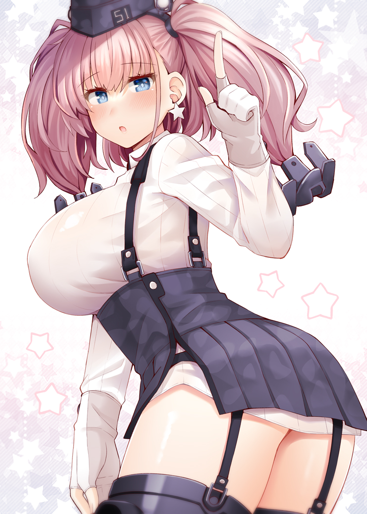 1girl atlanta_(kancolle) black_hat black_skirt blue_eyes blush breasts brown_hair cowboy_shot earrings garrison_cap garter_straps gloves hat jewelry kantai_collection large_breasts long_hair long_sleeves looking_at_viewer open_mouth partially_fingerless_gloves pleated_skirt revision rui_shi_(rayze_ray) shirt single_earring skirt solo star_(symbol) star_earrings two_side_up white_gloves white_shirt