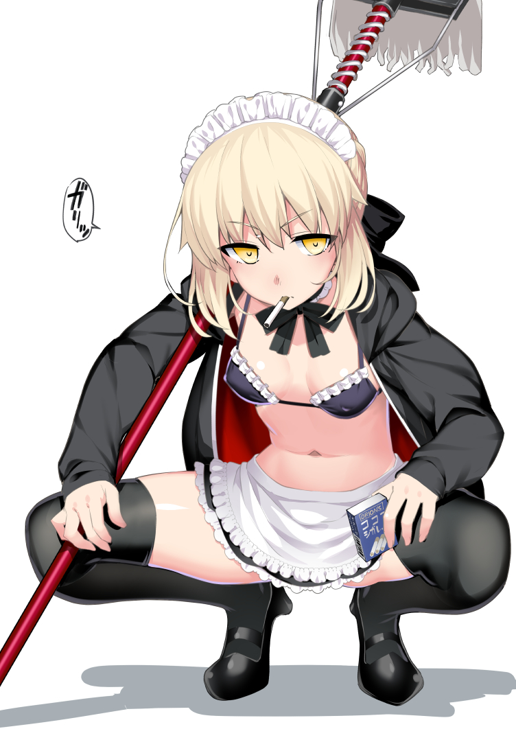 1girl apron artoria_pendragon_alter_(swimsuit_rider)_(fate) artoria_pendragon_alter_(swimsuit_rider)_(second_ascension)_(fate) artoria_pendragon_(fate) bikini black_bikini black_jacket black_skirt blonde_hair breasts cigarette cleavage fate/grand_order fate_(series) hair_ribbon jacket long_sleeves looking_at_viewer maid_headdress medium_breasts medium_hair mop namonashi navel ribbon sidelocks skirt solo squatting swimsuit thighhighs waist_apron yellow_eyes