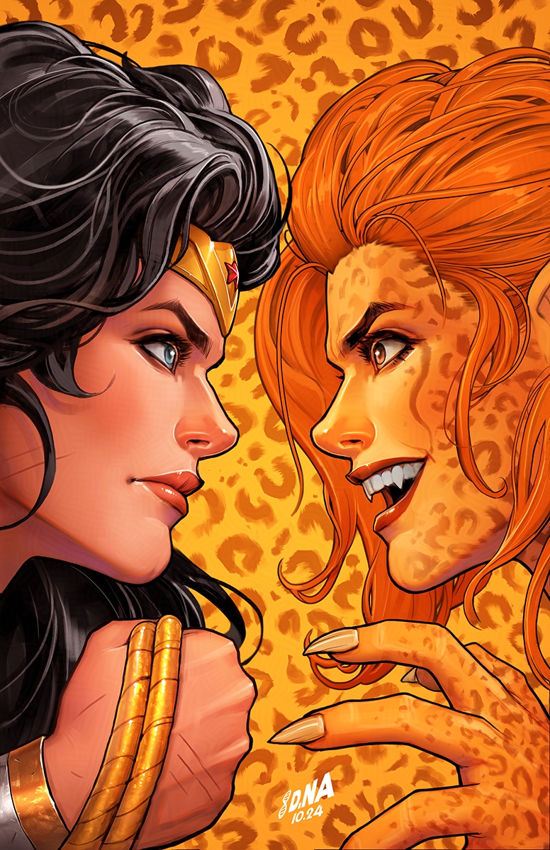 2girls animal_print black_hair blue_eyes brown_eyes cheetah_(dc) david_nakayama dc_comics highres holding_lasso initial lasso lasso_of_truth leopard_print long_hair looking_at_another multiple_girls open_mouth orange_hair print_background red_lips teeth tiara upper_teeth_only wonder_woman wonder_woman_(series)