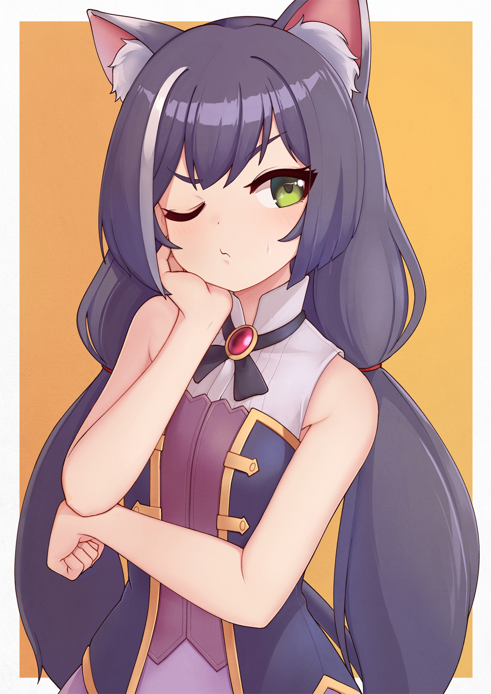1girl animal_ear_fluff animal_ears bare_arms black_hair blush breasts brooch cat_ears closed_mouth commentary corset cross_tie elbow_rest english_commentary food green_eyes hand_on_own_cheek hand_on_own_face highres jacy jewelry karyl_(princess_connect!) long_hair looking_to_the_side low_twintails one_eye_closed princess_connect! shirt small_breasts solo steak sweatdrop twintails upper_body white_shirt