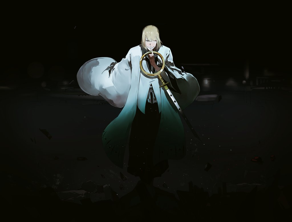 1boy black_eyes bleach blonde_hair blunt_bangs finger_to_mouth full_body grin ground_shatter hair_over_one_eye hakama hirako_shinji jacket japanese_clothes katana shushing smile solo standing sword teeth weapon white_jacket wide_sleeves zzz_zhi_he