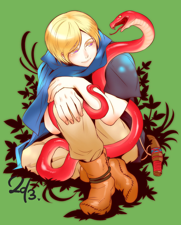10s 1boy 2013 axis_powers_hetalia blonde_hair boots cape chinese_zodiac finland_(hetalia) full_body male_focus new_year purple_eyes rebasashi smile snake snake_(chinese_zodiac) solo
