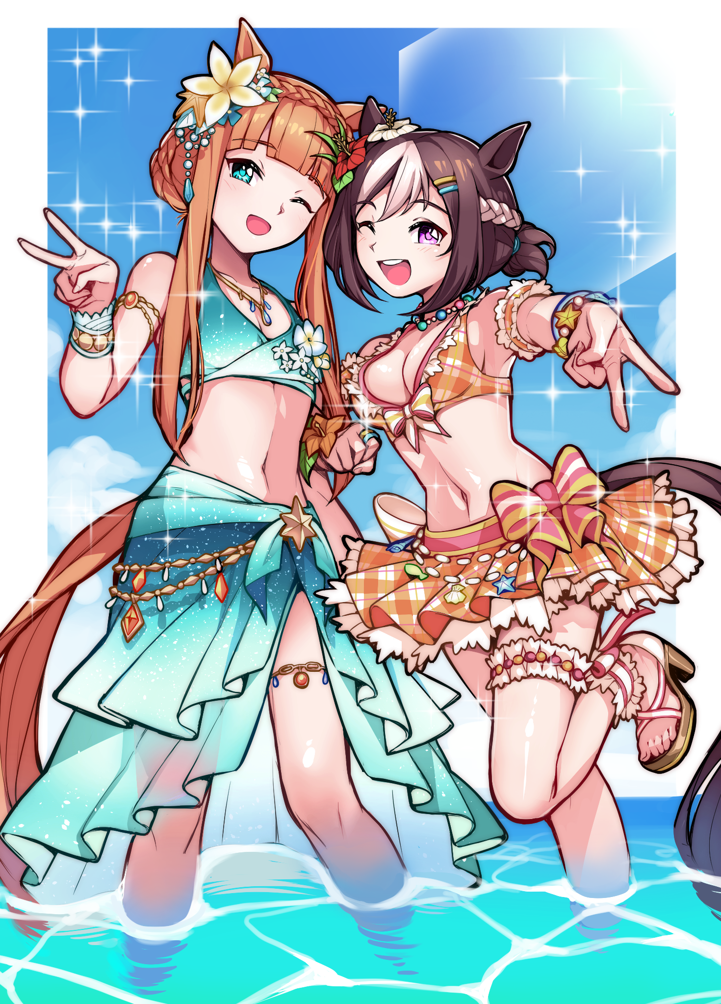 2girls animal_ears aqua_sarong arm_garter bare_shoulders bead_necklace beads bikini bikini_skirt blunt_bangs blunt_tresses braid breasts brown_hair cleavage crown_braid ear_flower flower frilled_bikini frills gradient_bikini gradient_sarong hair_ornament hairclip hibiscus high_heel_sandals high_heels highres horse_ears horse_girl jewelry leg_up looking_at_viewer multiple_girls necklace official_alternate_costume official_alternate_hairstyle orange_bikini orange_hair partially_submerged plaid_bikini plaid_clothes plaid_sleeves plumeria purple_eyes sandals sarong sbql_(niaunclefan) short_hair silence_suzuka_(emerald_on_the_waves)_(umamusume) silence_suzuka_(umamusume) special_week_(hopping_vitamin_heart)_(umamusume) special_week_(umamusume) swimsuit umamusume v white_hair wrist_flower