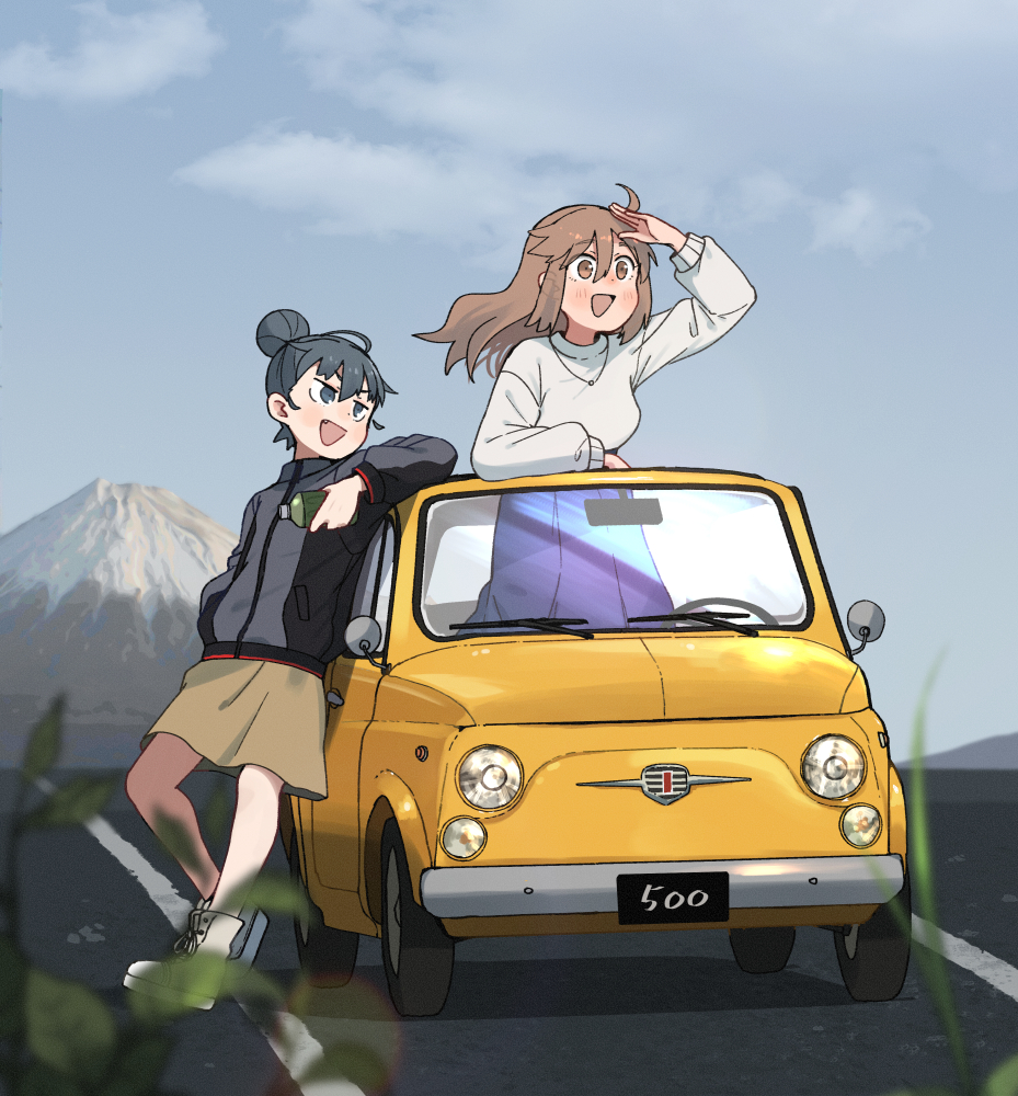 2girls :d ahoge annin_musou arm_up black_eyes black_hair black_jacket blue_skirt blue_sky blush boots bottle breasts brown_eyes brown_hair car cloud cloudy_sky commentary_request dark_skin fang fiat_500 full_body grey_jacket hair_between_eyes hair_bun high-waist_skirt holding holding_bottle in_cart jacket jewelry long_hair long_skirt medium_breasts motor_vehicle mount_fuji multicolored_jacket multiple_girls necklace nose_blush open_car_girls open_mouth outdoors pleated_skirt shading_eyes shirt sidelocks skirt sky smile standing subeyama_yae two-tone_jacket white_footwear white_shirt wotomegi_wotome