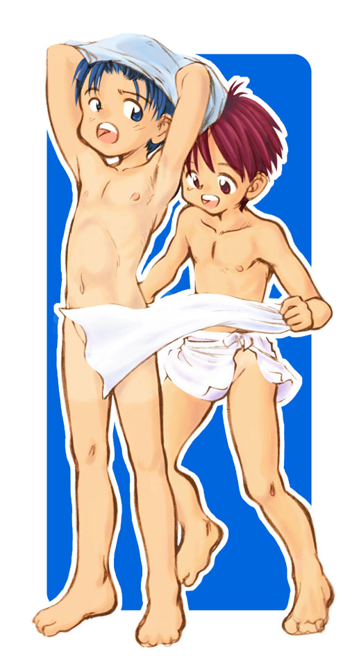 2boys armpits blue_background blue_hair border kamisae male_focus multiple_boys nipples original shota towel towel_around_waist