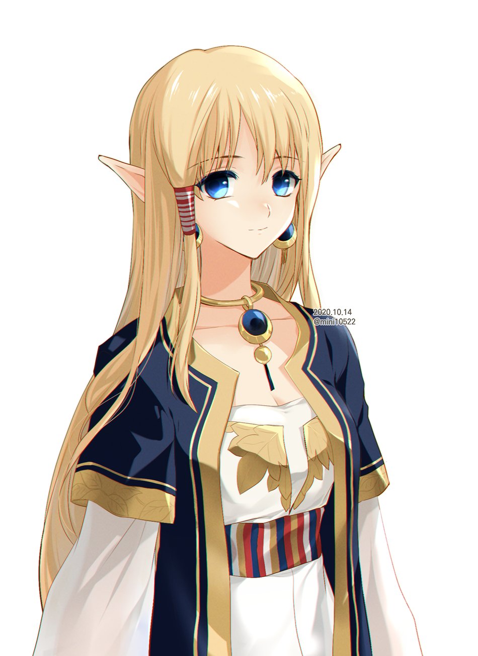 blonde_hair blue_eyes breasts cleavage earrings elf highres jewelry light_smile long_hair mabinogi mini_(pixiv6327751) pointy_ears portia_(mabinogi)