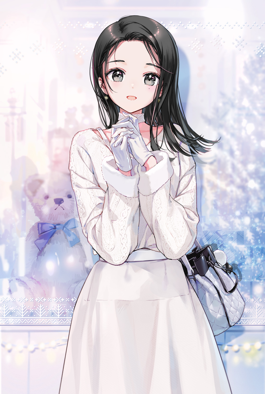 1girl aran_sweater bag black_eyes black_hair box cable_knit choker christmas_tree commentary cowboy_shot earrings gift gift_box gloves handbag highres jewelry looking_at_viewer medium_hair mole mole_above_eye mole_under_eye open_mouth original own_hands_clasped own_hands_together parted_bangs reflection skirt smile snowflake_earrings solo straight_hair stuffed_animal stuffed_toy sweater teddy_bear tiv white_choker white_gloves white_skirt white_sweater