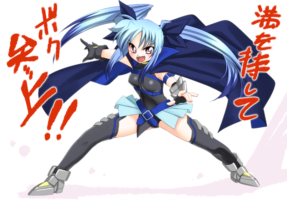 1girl belt belt_bra black_thighhighs blue_hair blush cape female_focus fingerless_gloves gloves kamen_rider kamen_rider_den-o kamen_rider_den-o_(series) levi_the_slasher long_hair lyrical_nanoha mahou_shoujo_lyrical_nanoha mahou_shoujo_lyrical_nanoha_a&#039;s mahou_shoujo_lyrical_nanoha_a&#039;s_portable:_the_battle_of_aces momotaros multicolored_hair open_mouth purple_eyes ribbon sakura_ryuuken sidelocks sieg skirt solo thighhighs translation_request twintails