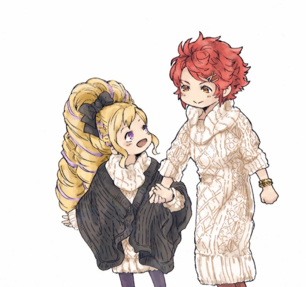 2girls alternate_costume alternate_hairstyle blonde_hair elise_(fire_emblem) fire_emblem fire_emblem_fates hinoka_(fire_emblem) holding_hands hotate_rayan multiple_girls nintendo pantyhose red_eyes red_hair short_hair sweater