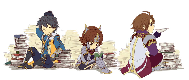 armor black_hair book book_stack brown_hair coat japanese_clothes mouri_motonari paper_airplane sengoku_musou sitting tachibana_ginchiyo tachibana_muneshige
