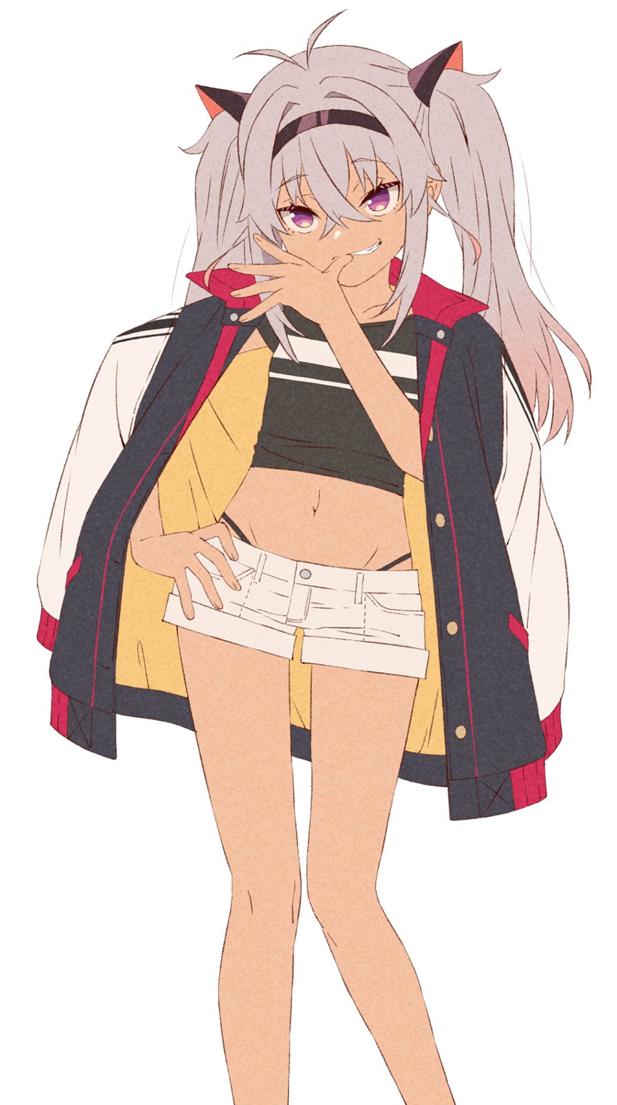 1girl akitetsu black_panties crop_top dark-skinned_female dark_skin flat_chest grey_hair highres jacket jacket_on_shoulders long_hair looking_at_viewer matsukai_mao navel nijisanji panties panty_straps purple_eyes short_shorts shorts simple_background smile solo thumb_to_mouth underwear virtual_youtuber white_background