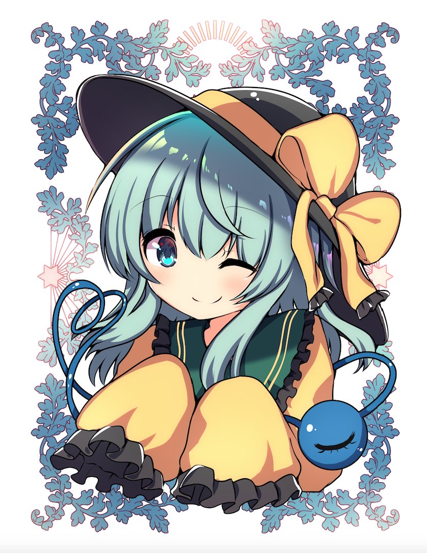 1girl ;) black_hat bow closed_mouth commentary cropped_torso green_eyes green_hair hat hat_bow komeiji_koishi long_sleeves looking_at_viewer medium_hair one_eye_closed rapameri sidelocks sleeves_past_fingers sleeves_past_wrists smile solo split_mouth third_eye touhou yellow_bow