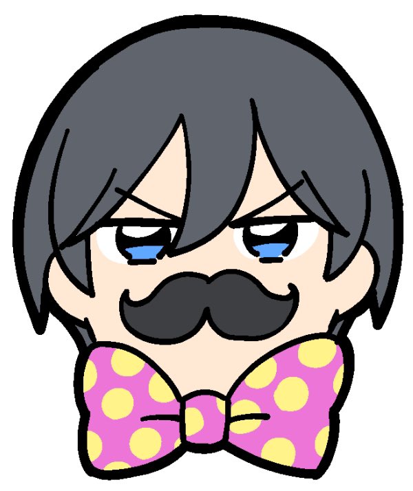1boy bkub black_hair blue_eyes commentary double-parted_bangs ensemble_stars! facial_hair hair_between_eyes hidaka_hokuto male_focus mustache polka_dot_bowtie short_hair simple_background solo v-shaped_eyebrows white_background
