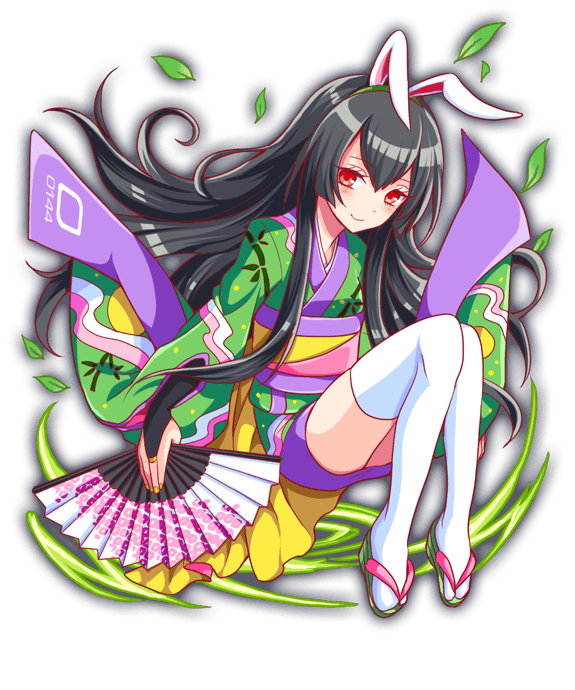 1girl 1other animal_ears anime_coloring artist_request bamboo_print black_hair blush breasts bridal_gauntlets closed_mouth crash_fever dot_nose eyelashes floating_hair folding_fan full_body furisode_sleeves game_cg green_hairband green_kimono green_sandals green_sleeves hair_between_eyes hairband hand_fan holding holding_fan japanese_clothes kaguya_(crash_fever) kaguya_hime kimono kimono_dress knees_together_feet_apart leaf long_hair long_sidelocks long_sleeves looking_at_viewer medium_breasts moon_print number_print numbered obi official_art okobo outline pink_sash platform_sandals princess purple_skirt rabbit_ears rabbit_girl red_eyes red_outline sandals sash short_kimono sidelocks sitting skirt smile solo square square_print tabi tachi-e taketori_monogatari thighhighs third-party_source transparent_background two-tone_sash very_long_hair very_long_sidelocks wedge_heels white_thighhighs yellow_sash