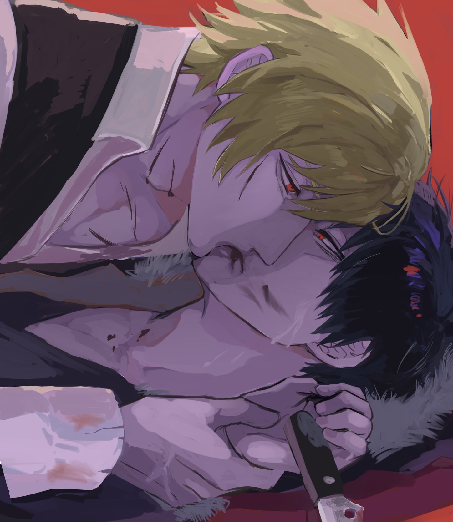 2boys black_hair black_jacket black_vest blonde_hair blood blood_on_face collared_shirt commentary_request durarara!! eye_contact fur-trimmed_hood fur_trim heiwajima_shizuo highres hood hooded_jacket jacket knife looking_at_another male_focus multiple_boys namaemendoiyo orihara_izaya profile red_background red_eyes shirt short_hair simple_background upper_body vest weapon white_fur white_shirt yaoi