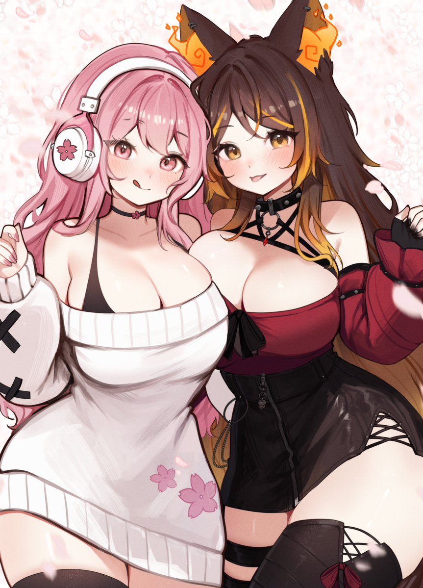 2girls animal_ears bra breast_press breasts brown_hair chest_harness choker cleavage collar dress dual_persona fiery_ears fingerless_gloves gloves gradient_tail harness indie_virtual_youtuber large_breasts long_hair looking_at_viewer multi-strapped_bra multicolored_hair multiple_girls open_mouth orange_eyes orange_fire orange_streaks pink_eyes pink_hair ribbed_sweater second-party_source simple_background sinder_(vtuber) sinder_(vtuber)_(sinder_2.0) skirt sky_above_me smile spiked_belt spiked_choker spiked_collar spikes streaked_hair sweater sweater_dress symmetrical_docking tail tashi.mp3_(voice_actor) thighhighs tight_top underwear virtual_youtuber voice_actor_connection wolf_ears wolf_girl wolf_tail zipper_skirt