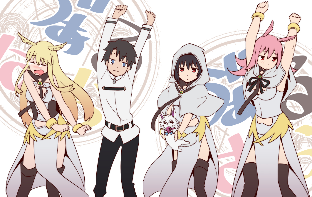 1boy 3girls amamiya_sora arms_up black_hair blonde_hair bracelet chaldea_uniform crying dancing fate/grand_order fate_(series) fou_(fate) fujimaru_ritsuka_(male) head_wings hildr_(fate) hood jewelry jitome kono_subarashii_sekai_ni_shukufuku_wo! multiple_girls ono_misao ortlinde_(fate) parody pink_hair thighhighs thrud_(fate) tomorrow_(konosuba) valkyrie_(fate) voice_actor_connection wings