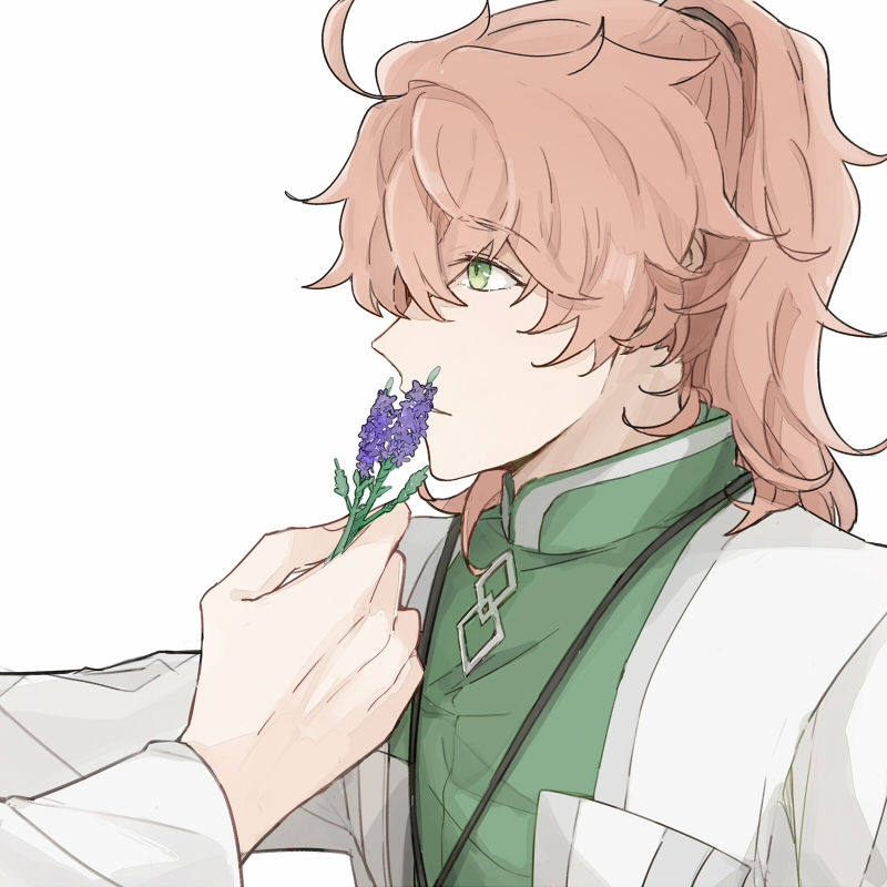 2boys ahoge coat fate/grand_order fate_(series) flower green_eyes hair_between_eyes high_collar holding holding_flower lanyard lavender_(flower) long_hair long_sleeves looking_at_another male_focus merlin_(fate) multiple_boys outstretched_arm parted_lips pink_hair ponytail purple_flower romani_archaman ruoyin simple_background upper_body white_background white_coat