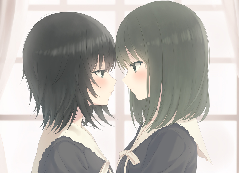 2girls black_hair blush closed_mouth couple eye_contact face-to-face facing_another flowers_(innocent_grey) green_eyes innocent_grey long_sleeves looking_at_another mizuno-go multiple_girls school_uniform short_hair smile takasaki_chidori yaegaki_erika yuri