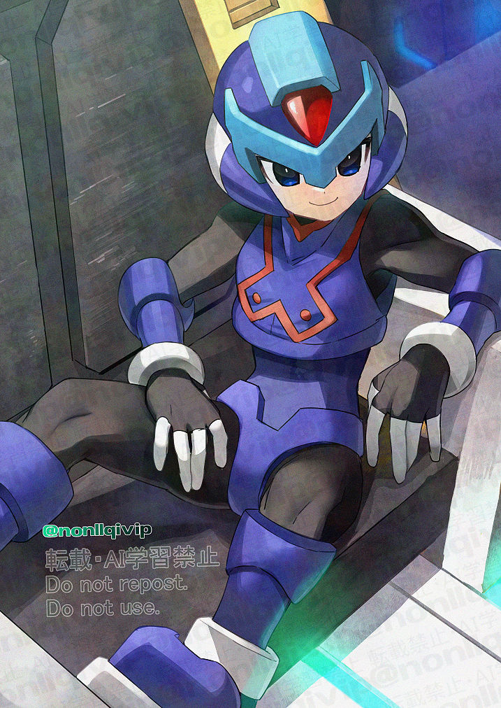 1boy android armor blue_armor blue_eyes blue_helmet forehead_jewel helmet mega_man_(series) mega_man_zero_(series) sitting solo throne x_(mega_man) yamanashi_taiki